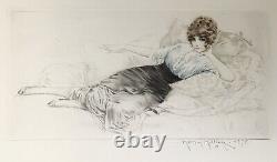 Gravure Art Déco Maurice Millière Portrait Femme Sensuelle Allongée Mode 1914