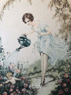 Gravure Art Déco Portrait Femme Mode Arrosoir Ange Jardin Signée Numérotée 1930