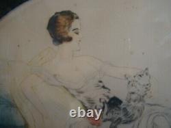 Gravure Art déco dans un cadre ovale d'une jeune femme et son chat #1424#