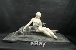 Importante Sculpture Ceramique Craquele Art Deco Femme Nue & Biches Ary Bitter