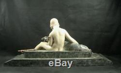 Importante Sculpture Ceramique Craquele Art Deco Femme Nue & Biches Ary Bitter