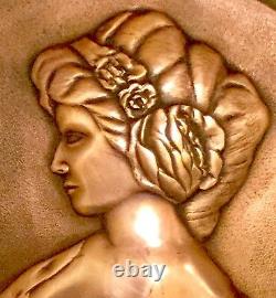 J Couguet Art Deco Importante Plaque Bas Relief Profil De Femme Aux Roses