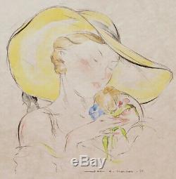 Jean Adrien MERCIER dessin aquarelle illustration portrait femme chapeau bouquet