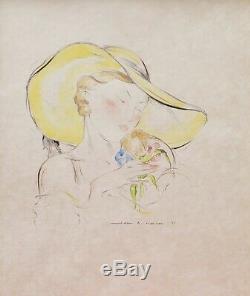 Jean Adrien MERCIER dessin aquarelle illustration portrait femme chapeau bouquet