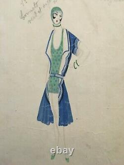 José DE ZAMORA (1889-1971) Gouache c-1930 Mode art deco femme La Plage Paris