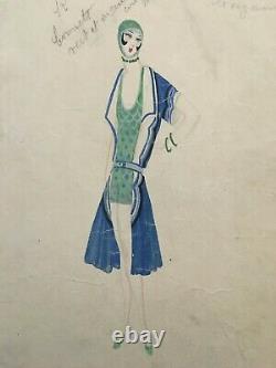 José DE ZAMORA (1889-1971) Gouache c-1930 Mode art deco femme La Plage Paris