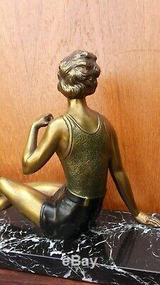 Lampe veilleuse art déco FEMME BAIGNEUSE régule patine bronze sur socle marbre