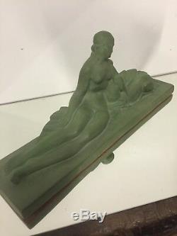 Lejan Terre Cuite Patine Verte Femme Art Deco Ancien Sculpture Statue Biche