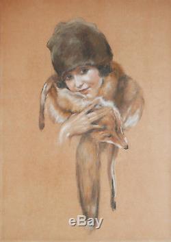 Leo Fontan Dessin Pastel Tableau Portrait Jeune Fille Femme Renard Art Deco