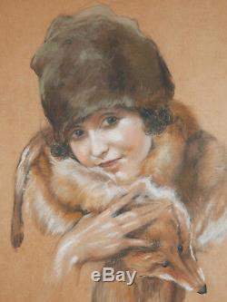 Leo Fontan Dessin Pastel Tableau Portrait Jeune Fille Femme Renard Art Deco