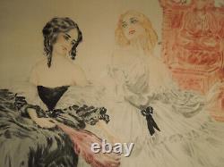 Lithographie Art Déco Deux Femmes Elégantes Eventail Magot