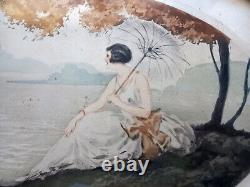 Lithographie Art déco signée Jean HARDY, femme élégante à l'ombrelle
