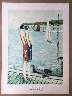 Lithographie Originale Ramon Dilley Paysage Femmes Ponton Mer Bateaux 254/300