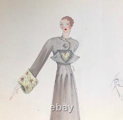 MADELEINE JEANNEST Dessin Original ART DÉCO Mode Femme Manteau Années 1930 #3