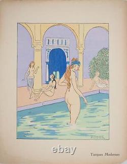 Maggy MONIER Art déco, Bain turc entre femmes, Lithographie et pochoir signée