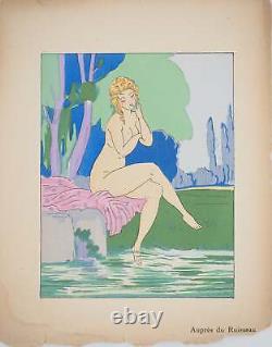 Maggy MONIER Art déco, Femmes Pensive près du ruisseau, Lithographie signée