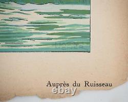 Maggy MONIER Art déco, Femmes Pensive près du ruisseau, Lithographie signée