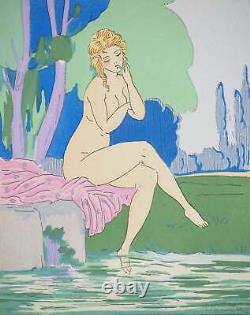 Maggy MONIER Art déco, Femmes Pensive près du ruisseau, Lithographie signée