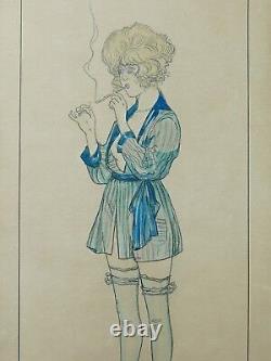 Marcel BUCHAILLE dessin aquarelle jeune femme nue cigarette Art Déco tableau