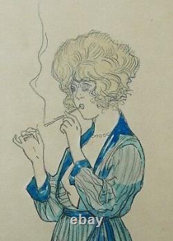 Marcel BUCHAILLE dessin aquarelle jeune femme nue cigarette Art Déco tableau