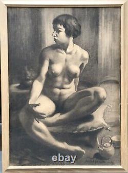 Michel Frechon Portrait De Femme Nue Fusain Original 1927 Art Deco Rouen