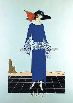 Mode Femme Grande Gouache originale Art Déco 45 x 32 cm Robe Garçonne #6