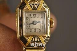 Montre Dame Or Massif 18k Art Deco Enameled Solid Gold Watch