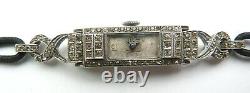 Montre bracelet femme ARGENT massif + strass ART DECO mécanique silver watch