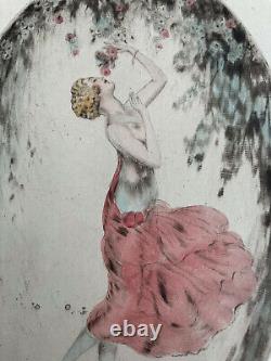 Nelly Degouy rare gravure pointe sèche Art Déco jeune femme & fleurs années 1920