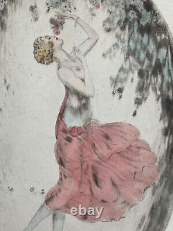 Nelly Degouy rare gravure pointe sèche Art Déco jeune femme & fleurs années 1920