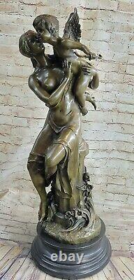 Ouest Art Déco Sculpture Bronze Marbre Aile Ange Femme Déesse Hold Bébé Statue