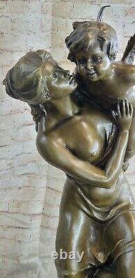 Ouest Art Déco Sculpture Bronze Marbre Aile Ange Femme Déesse Hold Bébé Statue
