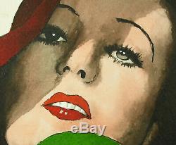 P Clouët portrait de femme au chapeau c1930 art-déco dessin original aquarelle