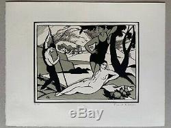 PICART LEDOUX Gravure sur bois art deco portrait de femme nue la baignade