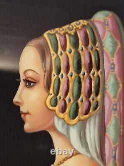 Paul Revollon Fixé sous verre Femme de cour néo-gothique / art déco 1930