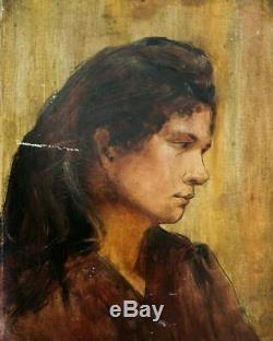 Peinture Huile Ancienne Original Portrait de Femme, Profil