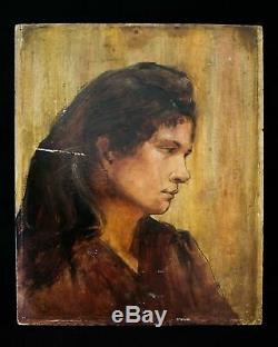 Peinture Huile Ancienne Original Portrait de Femme, Profil