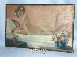 Peinture erotique Huile Sur Toile Epoque 1915 Jeune Femme Nue Odalisque Art Deco