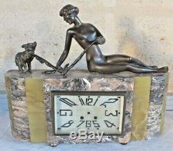 Pendule art déco femme ourson onyx marbre clock