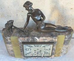 Pendule art déco femme ourson onyx marbre clock
