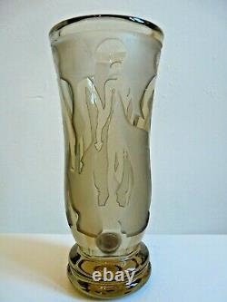 Petit Vase Verre Fume Decor Femmes Sable Grave Roue Bayel Art Deco 1930/40