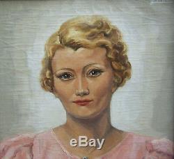 Pierre Abadie Landel Tableau Portrait Femme Blonde Robe Rose Peintre Art Deco