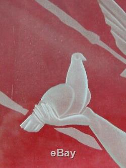 Plaque en verre gravé Femme aux colombes Style Art-Déco XX°