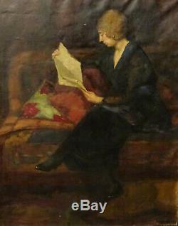 Portrait de femme à la lecture Huile/Toile début XXème siècle Art Déco