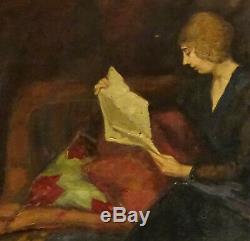 Portrait de femme à la lecture Huile/Toile début XXème siècle Art Déco