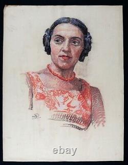 Portrait de jeune femme au collier circa 1930 pastel ART DECO monogramme MODE