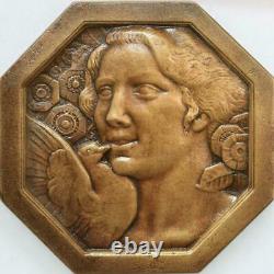 R2011 Très Rare Fonte Médaille Uniface Art Déco Femme Fleurs Colombe Morlon SUP