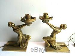 RARE 2 lampes de table bronze, ART DECO, Femme égyptienne tenant la lumière