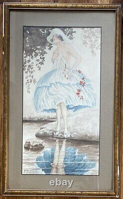 RARE ART déco Erotisme Femme dénudée Aquarelle signée G. Grellet 1869-1959