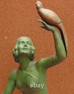 RARE grand statue art deco régule socle marbre enfant femme oiseaux signé melaut